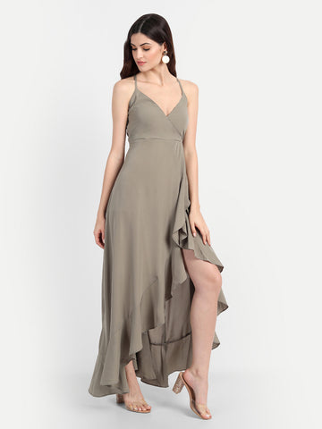Belavine Solid Grey V-Neck Asymmetric Cocktail Dress