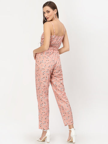 Belavine Peach Floral Print Slim-fit Jumpsuit