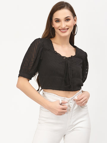 Belavine Black Crop Top With Puff Sleeves