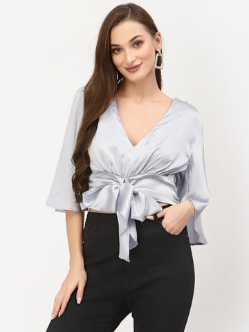 Belavine Solid Silver Ruffle Sleeves Party Top