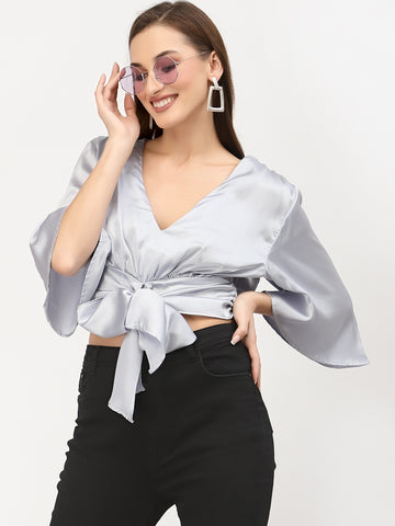 Belavine Solid Silver Ruffle Sleeves Party Top