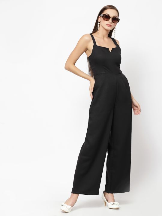Wardrobe by Westside Solid Black Buttoned Jumpsuit with Belt