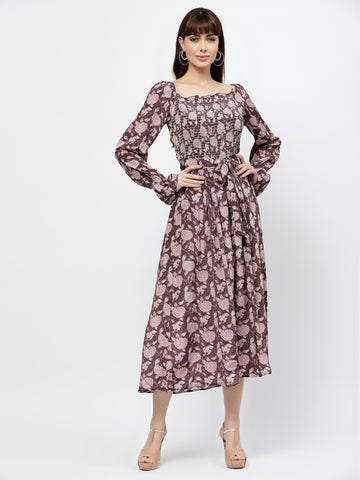 Belavine Brown Ruched Details Floral Maxi Dress