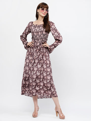 Belavine Brown Ruched Details Floral Maxi Dress