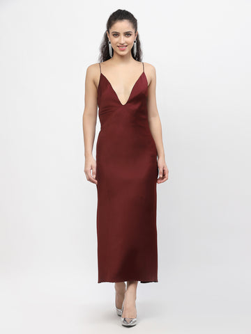 Belavine Solid Maroon Deep V-Neck Party Dress