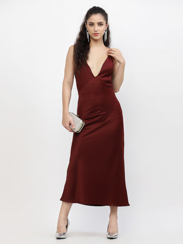 Belavine Solid Maroon Deep V-Neck Party Dress