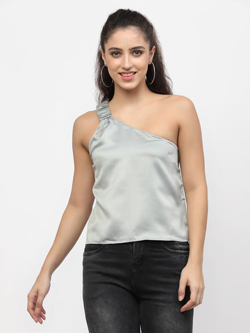 Belavine Silver Solid One Shoulder Crop Top