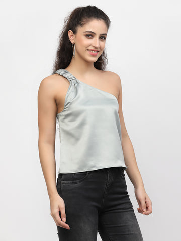 Belavine Silver Solid One Shoulder Crop Top