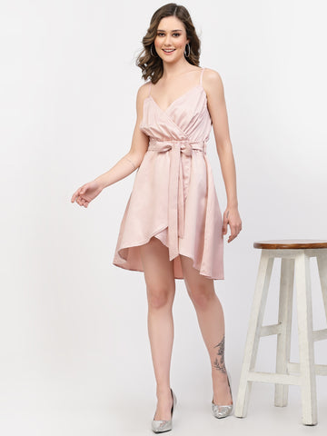 Belavine's Peach Solid Wrap Mini Dress