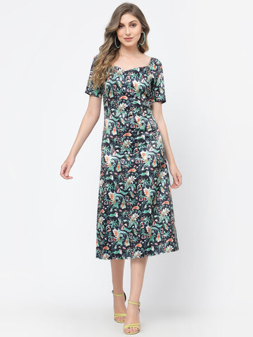 Belavine Blue-Green Printed Back Slit Dress Midi Dress