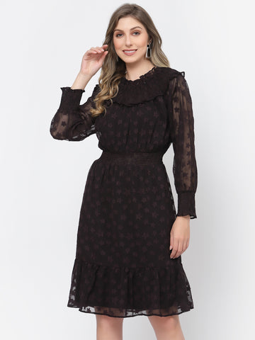 Belavine's Solid Black Star Buta Ruffle Hem Dress