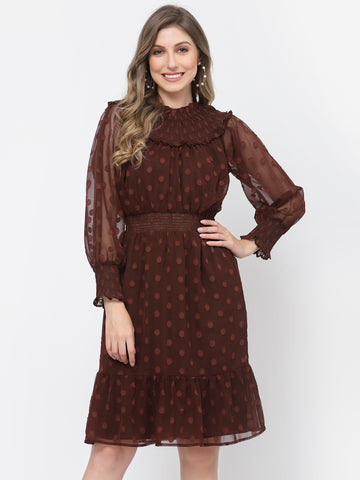 Belavine's Solid Brown Polka Dot Ruffle Hem Dress