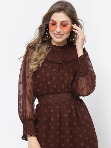 Belavine's Solid Brown Polka Dot Ruffle Hem Dress