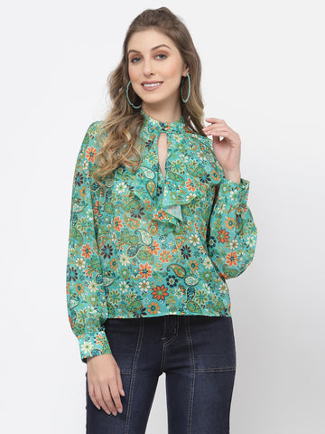 Belavine's Green Floral Printed Ruffle Neck Top
