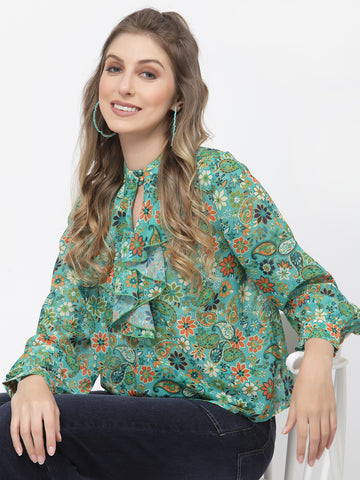 Belavine's Green Floral Printed Ruffle Neck Top