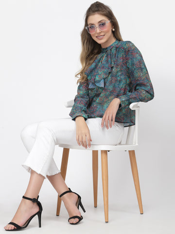 Belavine's All-over printed Ruffle Neck Top
