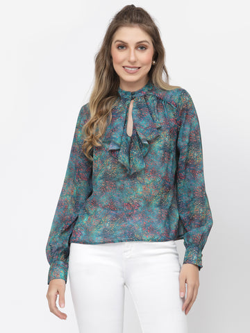 Belavine's All-over printed Ruffle Neck Top