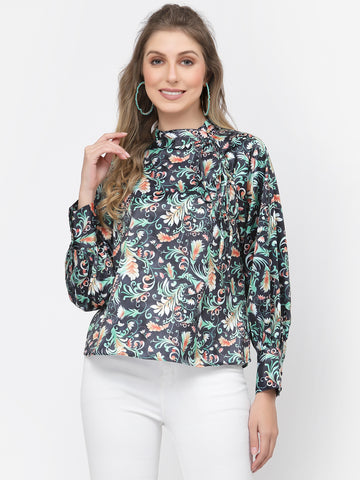 Belavine's Full Sleeve High Neck Tie Knot Detailing Green Floral Printed Top