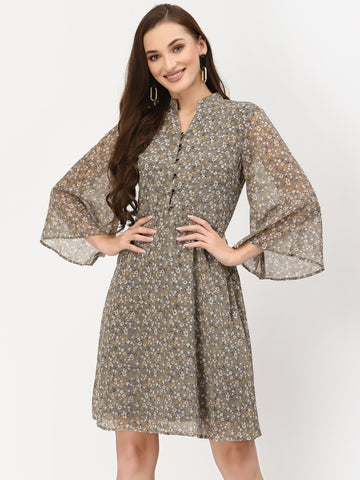 Belavine Grey Printed Ruffle Sleeves A-Line Mini Dress