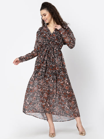 Belavine Brown Dark Printed Fit & Flare Twisted Waist Dress