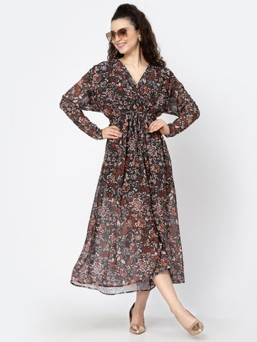 Belavine Brown Dark Printed Fit & Flare Twisted Waist Dress