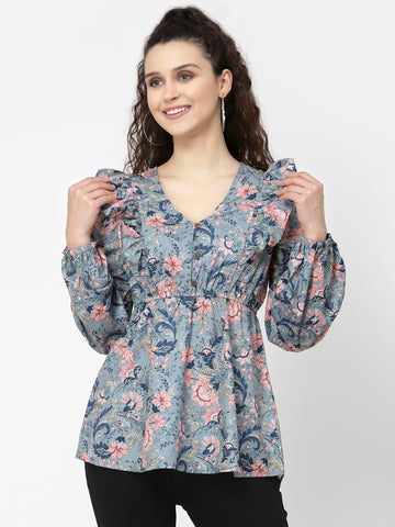 Belavine's Chic Floral Printed Grey Peplum Top