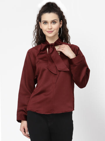 Belavine Solid Maroon Tie Neck Long Sleeves Party Top