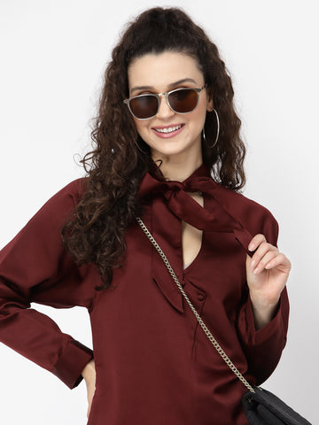 Belavine Solid Maroon Tie Neck Long Sleeves Party Top