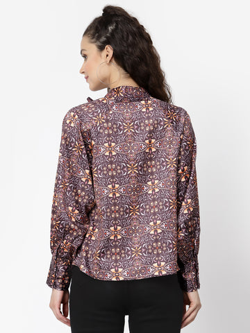 Belavine's Full Sleeve High Neck Tie Knot Detailing Printed Top