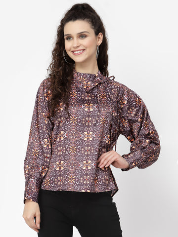 Belavine's Full Sleeve High Neck Tie Knot Detailing Printed Top