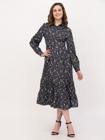 Belavine's Black Printed Calf Length Fit & Flare Dress