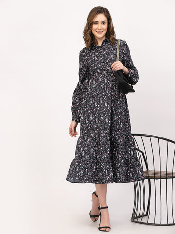 Belavine's Black Printed Calf Length Fit & Flare Dress